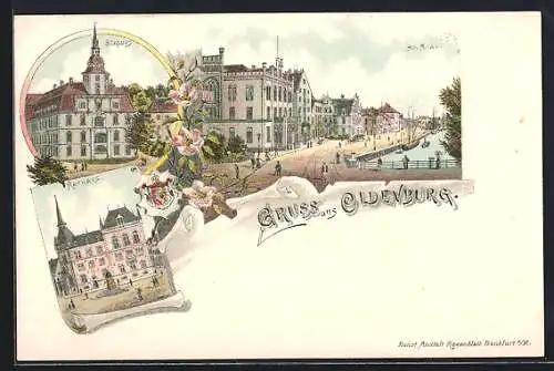 Lithographie Oldenburg / O., Schloss, Rathaus, Strasse am Grau