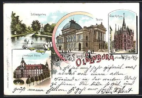 Lithographie Oldenburg / O., Theater, Grossherzogl. Schloss, Neues Rathaus, Schlossgarten