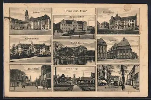 AK Buer / Westf., Lyzeum, Gymnasium, Zeche Hugo, Hochstrasse, Marienhospital, Essenerstrasse und Berginspektion