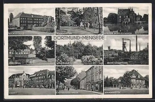 AK Dortmund-Mengede, Zeche Hansemann, Castroperstrasse, Volksschule, Schloss Bodelschwingh, Markt