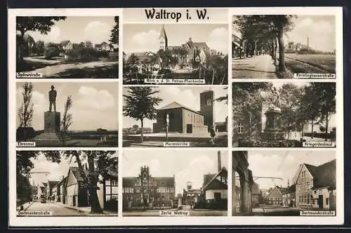 AK Waltrop i. W., Zeche Waltrop, Dortmunderstrasse, Marienkirche, Sydowstrasse, Recklinghauserstrasse