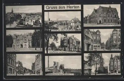 AK Herten / Westf., Gemeindegasthaus, Kaiserstrasse mit Hertener Kreditbank, Zeche Ewald Schacht I u. II