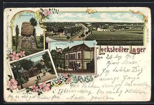 Lithographie Lockstedter Lager, Hauptwache, Offizierskasino, Waldersee-Stein, Totalansicht