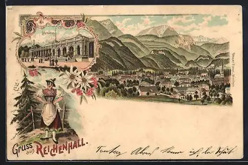 Lithographie Bad Reichenhall, Teilansicht, Colonaden