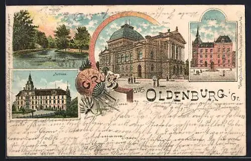 Lithographie Oldenburg / O., Schloss, Theater, Rathaus und Schlossgarten