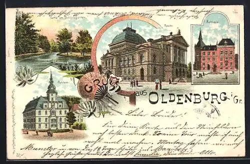 Lithographie Oldenburg i. Gr., Theater, Schloss, Partie am Schlossgarten