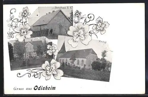 AK Odisheim, an der Kirche, Schulhaus, Haus Oest