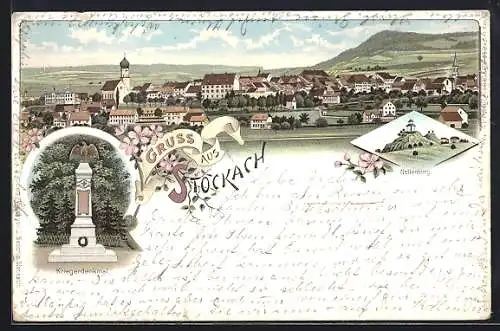 Lithographie Stockach, Ortsansicht, Kriegerdenkmal und neues Schulgebäude