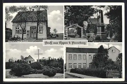 AK Appen b. Pinneberg, Geschäft von M. Kuhrt, Schule, Kapelle und Ehrenmal