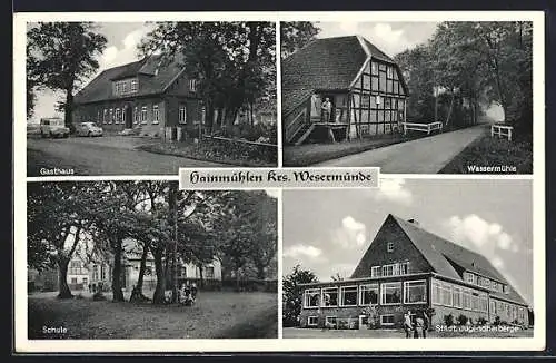 AK Hainmühlen, Gasthaus zur Eiche, Schule, Wassermühle, Jugenherberge