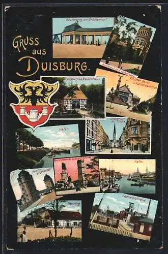 AK Duisburg, Zeche Westend, Hafen, Monning, Säulengang am Brückenkopf, Ludgeristrasse, Schifferbörse