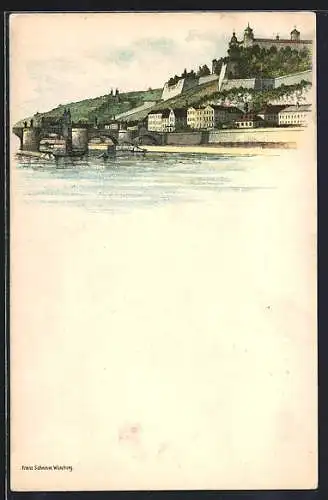 Lithographie Würzburg, Flusspartie mit Brücke und Festung