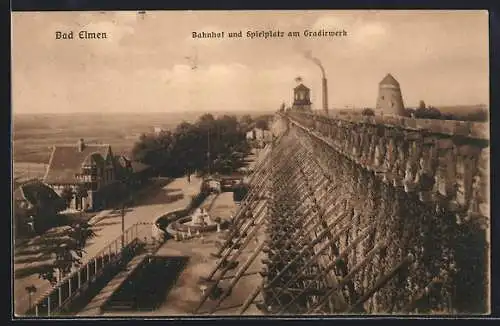 AK Bad Elmen, Bahnhof und Spielplatz am Gradirwerk