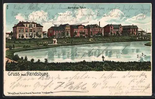 Lithographie Rendsburg, Gerhards-Teich, Villen