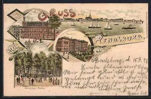 Lithographie Rendsburg, Gasthaus zum Nobiskrüger Gehölz, Post, Gymnasium