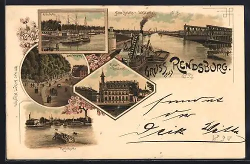 Lithographie Rendsburg, Neue Brücke, Schützenhof, Eiderhalle, Jungfernstieg und Kaiserl. Postamt