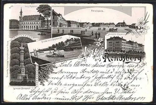 Lithographie Rendsburg, Kais. Postamt, Lernsen-Denkmal, Brücke beim Schützenhof, Paradeplatz, Infanterie Kaserne