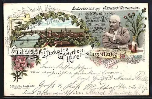 Lithographie Heilbronn, Industrie- Gewerbe- und Kunst-Ausstellung 1897, Wandgemälde aus Fleiners Weinstube