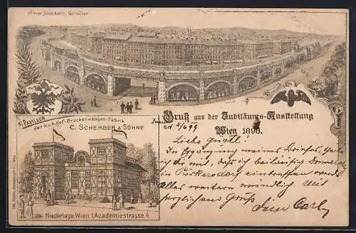 Lithographie Wien, Jubiläums-Ausstellung 1898, Pavillon der Brückenwaagen-Fabrik C. Schember & Söhne