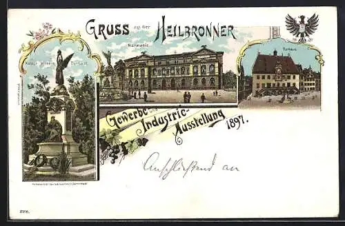 Lithographie Heilbronn, Gewerbe- & Industrie-Ausstellung 1897, Harmonie, Rathaus, Kaiser Wilhelm-Denkmal