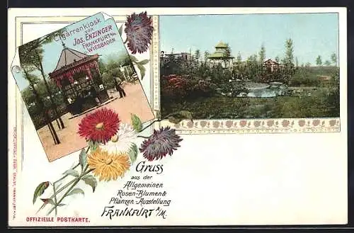 AK Frankfurt a. M., Allgemeine Rosen-Blumen- & Pflanzen-Ausstellung, Cigarrenkiosk Jos. Enzinger, Grünfläche