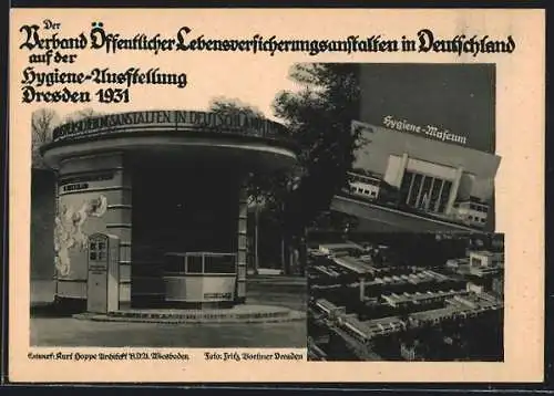 AK Dresden, Hygiene-Ausstellung 1931, Pavillon Entwurf Kurt Hoppe für Verband Öffentlicher Lebensversicherungsanstalten