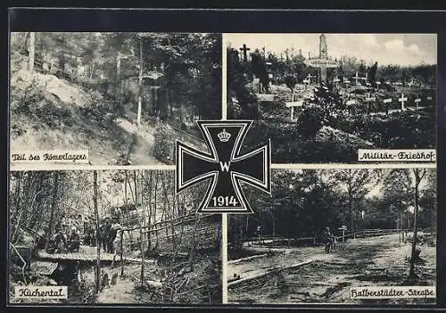 AK Frontlager mit Militärfriedhof, Halberstädter-Strasse, Küchental, Römerlager, Eisernes Kreuz