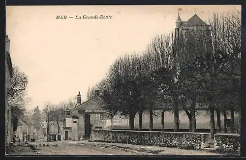 AK Mer, La Grande-Route avec vue sur l`église et les arbres alignés