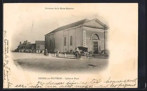 AK Neung-sur-Beuvron, Église et place avec calèche devant l`église