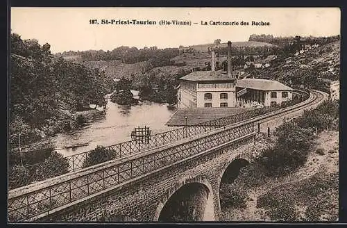 AK St-Priest-Taurion, La Cartonnerie des Roches et le pont ferroviaire sur la rivière