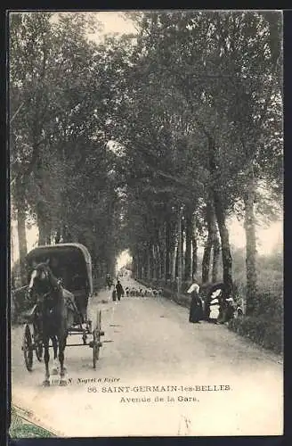 AK Saint-Germain-les-Belles, Avenue de la Gare avec charrette et promeneurs