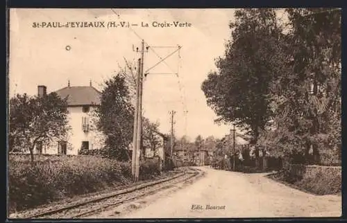 AK Saint-Paul-d`Eyjeaux, La Croix-Verte avec ligne de tramway et maisons environnantes