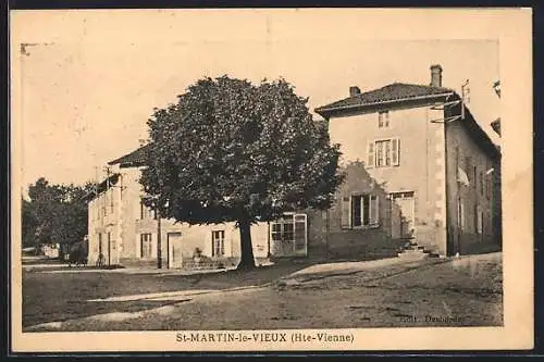 AK Saint-Martin-le-Vieux, Vue des maisons et de l`arbre central