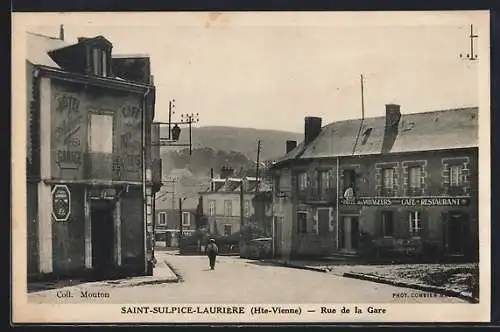 AK Saint-Sulpice-Laurière, Rue de la Gare avec hôtels et cafés