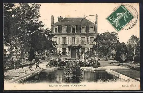 AK Sous-Lignac, Grande maison avec jardin et bassin devant l`entrée