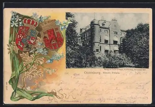 Passepartout-Lithographie Oldenburg / O., Neues Palais, Stadt-Wappen