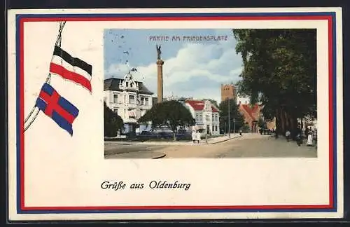 Grusskarten-AK Oldenburg / O., Partie am Friedensplatz, Rahmen mit Flaggen