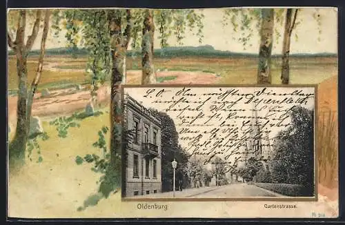 Grusskarten-AK Oldenburg / O., Gartenstrasse, Rahmen mit Birken