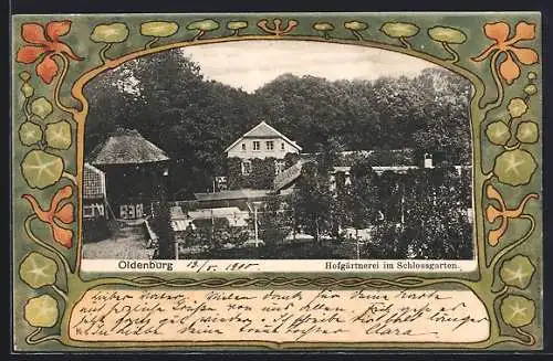 Grusskarten-AK Oldenburg / O., Hofgärtnerei im Schlossgarten, Rahmen mit Blumen