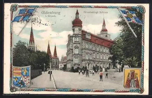 Grusskarten-AK Oldenburg / O., Grossherzogl. Schloss, Rahmen mit Wappen