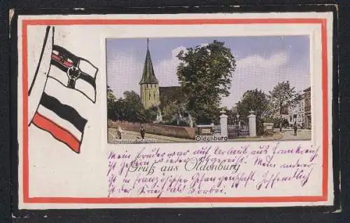 Grusskarten-AK Oldenburg / O., Gertrudenfriedhof-Linde, Rahmen mit Flaggen