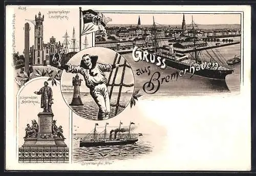 Lithographie Bremerhaven, Schnelldampfer Aller, Leuchtturm und Bürgermeister Smidt Denkmal