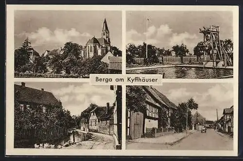 AK Berga am Kyffhäuser, Strassenpartien, Schwimmbad, Kirche