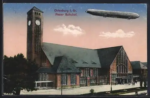 AK Oldenburg i. Gr., Neuer Bahnhof und Zeppelin