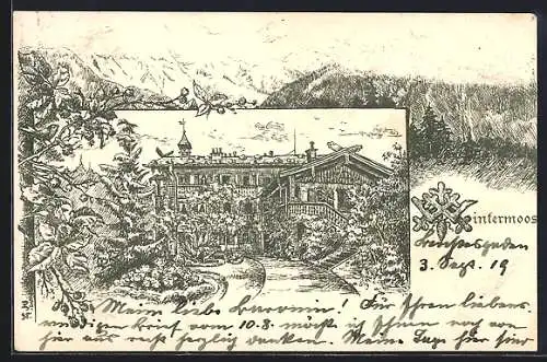 Künstler-AK Berchtesgaden, Wintermoos, Haus und Gebirgslandschaft