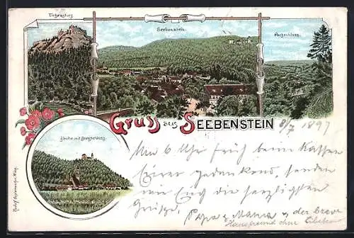 Lithographie Seebenstein, Türkensturz, Kirche mit Bergschloss, Parkschloss, Ortsansicht