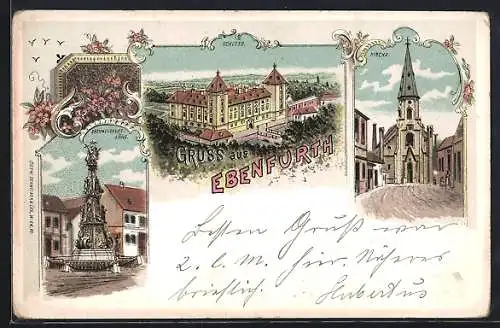 Lithographie Ebenfurth, Dreifaltigkeitssäule, Kirche, Schloss