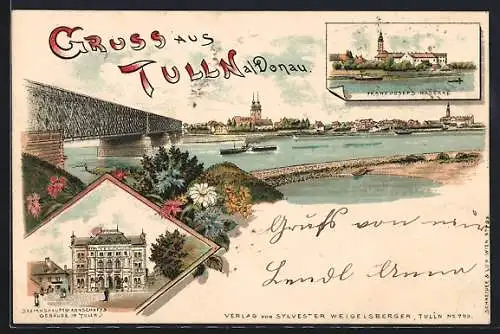 Lithographie Tulln / Donau, Ortsansicht von der Donau, Brücke, Dampfer