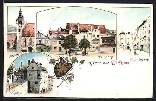 Lithographie Krems /Donau, Gruss aus Alt-Krems, Hoher Markt, Piaristenkirche, Wegscheid