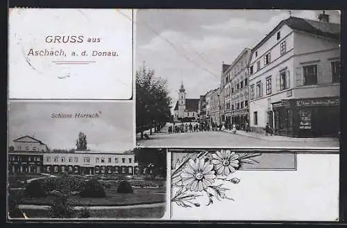 AK Aschach a. d. Donau, Schloss Harrach, Strassenpartie mit Buchbinderei Eigner, Kirche und Kindergruppe